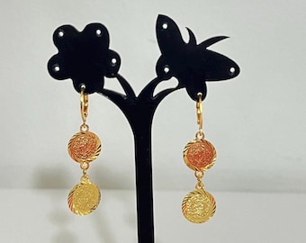 Pendientes chapados en oro de 24 quilates con moneda de lira árabe, joyería egipcia, oro de Dubái, iraquí, marroquí, kurdo, boda, quilates, turco, saudí, omán, jordano.