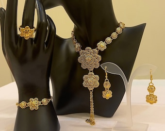 Joyería tradicional árabe oriental bañada en oro de 24 quilates, estilo Dubai, iraquí, Khaleeji, boda marroquí, pulsera, anillo, collar, pendientes africanos, egipcios.
