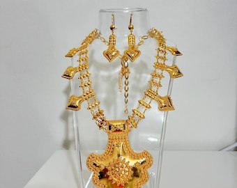 Pendientes árabes chapados en oro de 24 quilates, collar de pecho, oro de Dubái, iraquí, emiratí, EAU, saudí, marroquí, kurdo, boda, turco, amarillo, omaní, Khaleeji