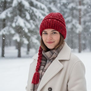 May include: A red knit winter hat with a long braid and tassel, paired with a plaid scarf and a cream-colored coat. The hat is a vibrant red, and the braid hangs down the side. The background is a snowy forest.