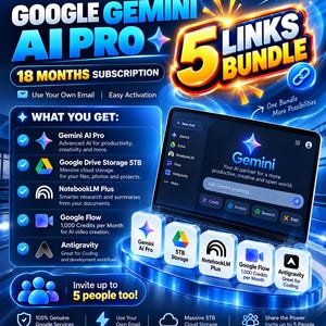 5 Google Gemini AI Pro-Lizenzen (18 Monate), Hauptkonto, 5 Aktivierungslinks (Bundle)