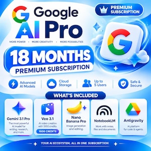 Könnte beinhalten: Eine Google AI Pro 18-Monate-Premium-Abonnement-Werbung in Blau und Weiß. Sie listet Funktionen wie fortschrittliche KI-Modelle, Cloud-Speicher, Zugriff für 5 Nutzer und Sicherheit auf. Symbole zeigen Gemini 3.1 Pro, Veo 3.1, Nano Banana Pro, NotebookLM und Antigravity.
