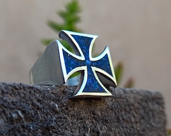 925 Silver Maltese Cross Ring - Reconstituted Stone - Lapislazuli Stone - Handmade Ring - Unique ring - Cross Ring - Medieval Cross Ring-Big