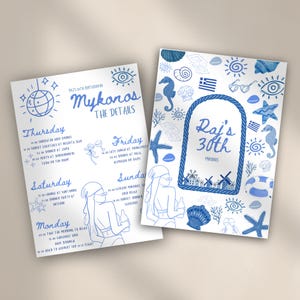 Puede incluir: Dos tarjetas rectangulares blancas con ilustraciones en tinta azul. Una muestra un itinerario de Mykonos con texto de jueves a lunes. La otra presenta un arco central enmarcado por una cuerda con el texto Raj's 30th Mykonos, rodeado de dibujos de conchas, caballitos de mar, estrellas y molinos.