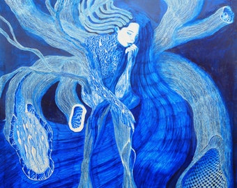 The Mysticals no.3 Surreal blue pen drawing. The after life tree, The guardian of worlds