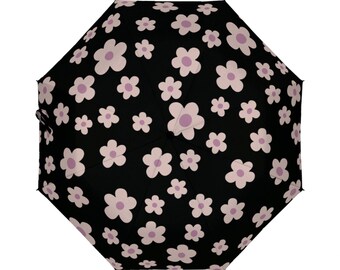 Black Umbrella with pink daisies, Umbrella with pink daisies, Unique umbrella, Designer Umbrella with pink tiny daisies, Floral umbrella