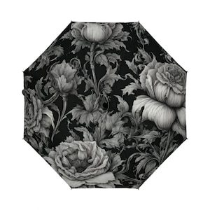 Gothic style umbrella, goth umbrella, floral umbrella, designer umbrella, unique umbrella, cute umbrella, black and white umbrella