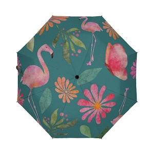 Watercolor Flamingo Folding Rain Umbrella | Floral Waterproof Travel Umbrella for Rainy Days & Commuting | Custom Made-to-Order Gift for Her
