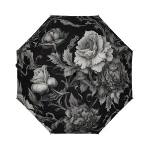 Gothic style umbrella, goth umbrella, floral umbrella, designer umbrella, unique umbrella, cute umbrella, black and white umbrella