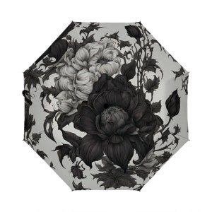 Gothic style umbrella, goth umbrella, floral umbrella, designer umbrella, unique umbrella, cute umbrella, black and white umbrella