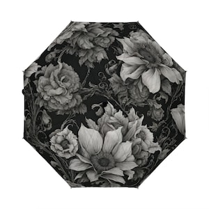 Gothic style umbrella, goth umbrella, floral umbrella, designer umbrella, unique umbrella, cute umbrella, black and white umbrella