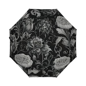 Gothic style umbrella, goth umbrella, floral umbrella, designer umbrella, unique umbrella, cute umbrella, black and white umbrella