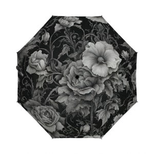 Gothic style umbrella, goth umbrella, floral umbrella, designer umbrella, unique umbrella, cute umbrella, black and white umbrella