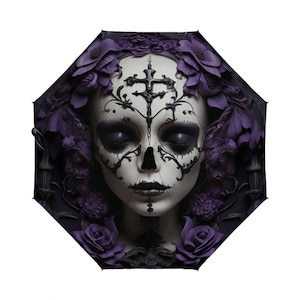 Gothic Skull Umbrella with 3D Purple Roses – Folding Rain Umbrella – Dark Floral Art – Made to Order Alt Fashion Gift
