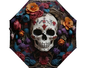 Gothic umbrella with Skull and colorful baroque flowers, Baroque pattern, gothic design, gothic style, gothic flowers, Dark Romance