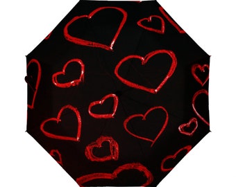 Black umbrella with Red Hearts, lucky heart design Umbrella, heart umbrella, rain umbrella, Unique umbrella, Designer Umbrella,Cute umbrella