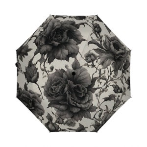 Gothic style umbrella, goth umbrella, floral umbrella, designer umbrella, unique umbrella, cute umbrella, black and white umbrella