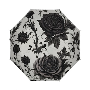 Gothic style umbrella, goth umbrella, floral umbrella, designer umbrella, unique umbrella, cute umbrella, black and white umbrella