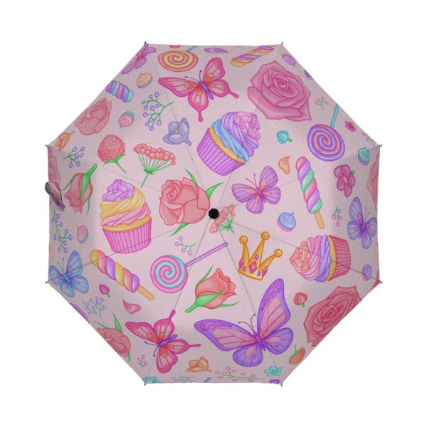 Joli parapluie rose avec muffins lolipopos roses papillon, parapluie au design unique, parapluie de créateur, parapluie pour filles, pluie