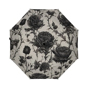 Gothic style umbrella, goth umbrella, floral umbrella, designer umbrella, unique umbrella, cute umbrella, black and white umbrella
