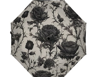 Gothic style umbrella, goth umbrella, floral umbrella, designer umbrella, unique umbrella, cute umbrella, black and white umbrella