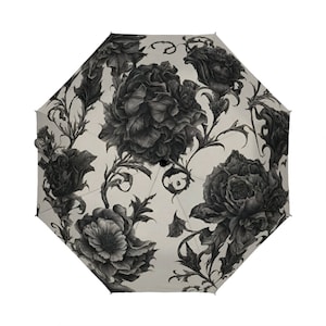 Gothic style umbrella, goth umbrella, floral umbrella, designer umbrella, unique umbrella, cute umbrella, black and white umbrella