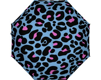 Blue leopard print umbrella, Umbrella with blue leopard pattern, Blue Leopard print accesory, designer umbrella, Blue and pink leopard