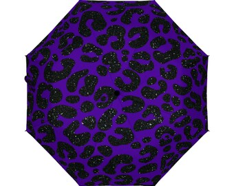 Silvery purple leopard print umbrella, Glitter Umbrella with purple leopard pattern, Purple Leopard print accesory, designer umbrella,