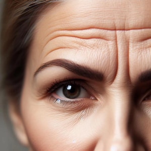 May include: Close-up of a woman's face showing wrinkles around the eyes. The image highlights the natural ageing process of the skin.