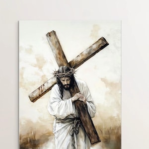 Passion of Christ, Christian Art, Jesus Carrying The Cross, Jesus Wall Art, Bible Art, Easter Art, Jesus Painting, Picture of Jesus Christ