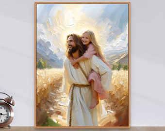 Días sin preocupaciones, Arte cristiano, Arte de Jesús y una niña, Arte mural de Jesús, Arte digital SUD, Arte mural digital bíblico, Pintura de Jesús y niños