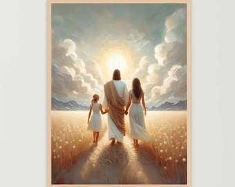 Walk Together Art, Chrześcijańska sztuka ścienna, Jezus idący z dziewczyną, Jezus sztuka ścienna, Druk LDS, Obraz biblijny, Chrystus z kobietą, Obraz Jezusa