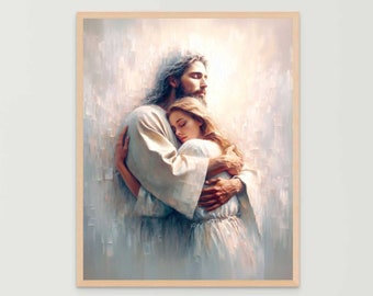 Brazos perdonadores, arte cristiano moderno, Jesús te ama, Jesús abraza a la niña, arte de Jesús, arte SUD, pintura bíblica, impresiones cristianas de Jesús y la mujer