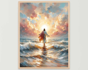 Peut inclure: Une peinture représentant un homme marchant sur l'eau vers un soleil brillant dans le ciel. L'eau est bleue et le ciel est un mélange de rose, d'orange et de jaune.