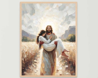 Días de Amor, Arte Cristiano, Jesús cargando a una mujer, Jesús y una niña, Pintura de Jesucristo, Imprimible SUD, Arte mural bíblico digital, Impresión de Jesús