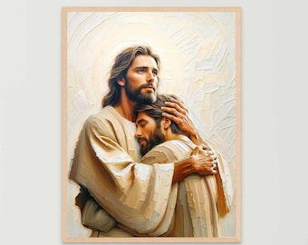 Il tuo Salvatore, Arte Cristiana, Gesù che abbraccia l'uomo, Arte murale di Gesù, Arte LDS, Bibbia stampabile, Pittura Cristiana, Gesù e l'uomo, Pittura di Gesù