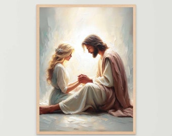 Toque de salvadores, arte mural cristiano, Jesús y una niña, imagen de Jesús y una mujer, arte mormón, Biblia imprimible, arte cristiano para mujeres, arte de Jesús