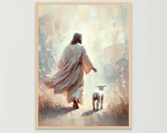 Deje el arte 99, pintura cristiana, arte de Jesús y el cordero, pintura de Jesucristo, arte SUD, arte de pared del versículo bíblico digital, arte del buen pastor