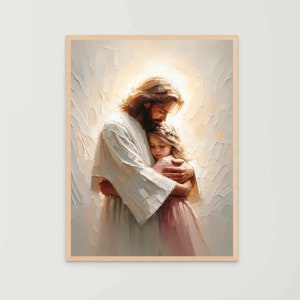 Salvador y niña, arte mural cristiano, Jesús abrazando a una niña, pintura de Jesús, arte mormón, arte bíblico, Jesús y los niños, impresiones de Jesús, arte cristiano