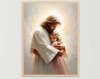 Savior and Girl, Christian Wall Art, Jesus Hugging Girl, Jesus Painting, LDS Art, Bible Art, Jesus and Children, Jesus Prints, Christian Art