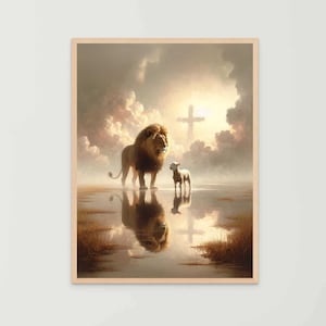 Lion and Lamb, Christian Painting, Jesus Shepherd Art, Lion of Judah, Catholic Wall Art, Bible Prints, Religious Prints, Bible Painting