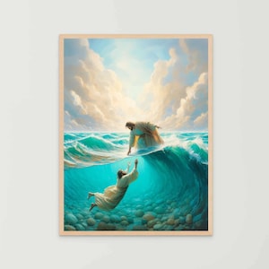 Op de afbeelding: Een ingelijste kunstdruk die een religieuze scène toont van een figuur die naar een ander reikt in een woelige zee. Het kunstwerk maakt gebruik van een licht kleurenpalet, met de nadruk op de figuren en de oceaangolven.