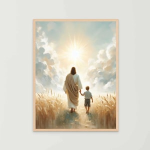 May include: A painting of Jesus Christ walking with a child through a field of wheat. The sun shines brightly in the sky above them.