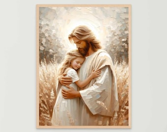 Esperanza y amor, arte cristiano digital, Jesús con niña, arte mural de Jesús, arte mormón, arte mural con versículos bíblicos, arte cristiano para niños, Jesús y los niños