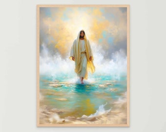 Caminando sobre el agua, arte cristiano, Jesús caminando sobre el agua, pintura de Jesús, arte católico, pintura bíblica, arte religioso, imagen de Jesucristo