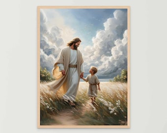 May include: A painting of Jesus Christ walking with a young boy in a field. The sky is blue with white clouds. The painting is framed in wood.