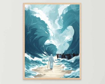 Moisés parte el Mar Rojo, Arte cristiano, Arte de la pared del versículo bíblico, Pintura de Moisés, Arte de Jesús, Arte imprimible cristiano, Jesús hrist Descargar arte