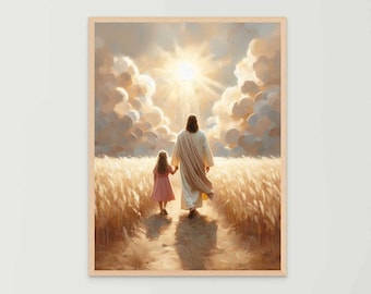 Vandra med Jesus, Modern kristen konst, Jesus går med flicka, Bild av Jesus, Mormons dag-konst, Väggkonst för bibelverser, Jesus och barn, Jesuskonst