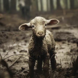May include: A muddy lamb stands in a forest clearing, its large ears perked. The lamb is covered in mud, with a blurred figure of a person walking in the background. The scene is set amongst tall trees.