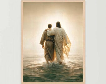 Sigue su camino, Arte mural cristiano, Jesús caminando sobre el agua, Arte mural de Jesús, Arte SUD, Pintura bíblica, Jesús con un hombre, Acuarela de Jesús